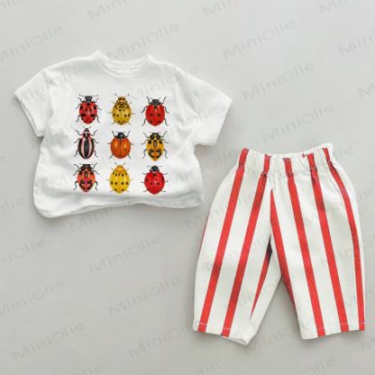 Baby Toddler Nine Ladybugs Red Vertical Striped 2-piece Set - White&Red - 4-5T - image 1