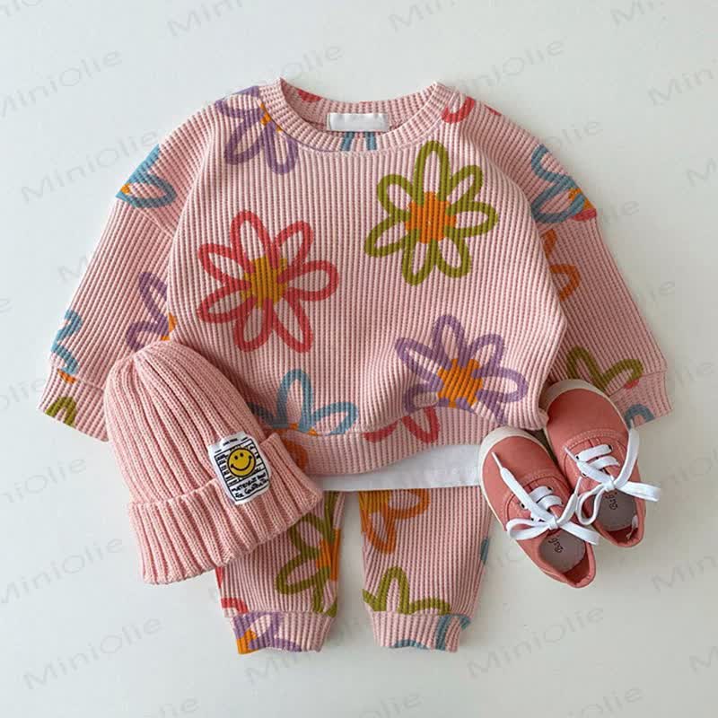 Baby Flower Pink Waffle Sweartshit and Pants 2-piece Set - Pink - 2-3T - image 1