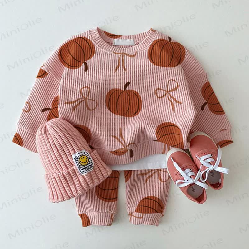 Baby Pumpkin Bow Pink Waffle Sweartshit and Pants 2-piece Set - Pink - 2-3T - image 1