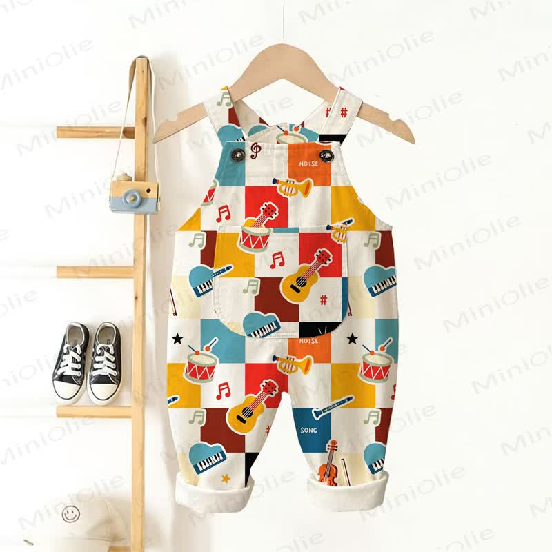 Baby Toddler Checkered Musical Instrument Print Overalls - Beige - 3-5T - image 1