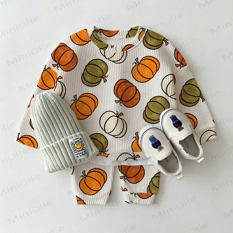 Baby Pumpkin Print Waffle 2-piece Set - White - 2-3T - image 1
