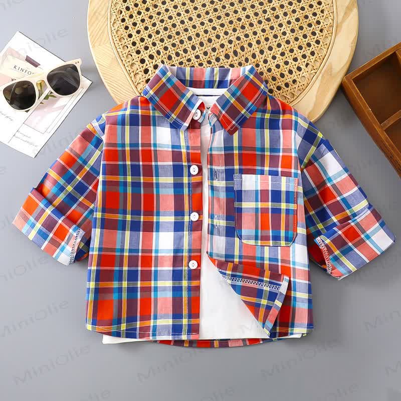 Toddler Colorful Plaid Button Front Pocket Summer Shirt - Red & Blue - 10-11T - image 2