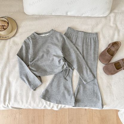 Toddler Girls Solid Color Side Tie Top and Flare Pants 2-piece Set - Gray - 8-9T - image 6