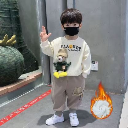 Toddler Boy Vintage Animal/Smiley Face Set - Beige Smiley Face 2-piece Fleece-lined Set - 4-5T - image 12