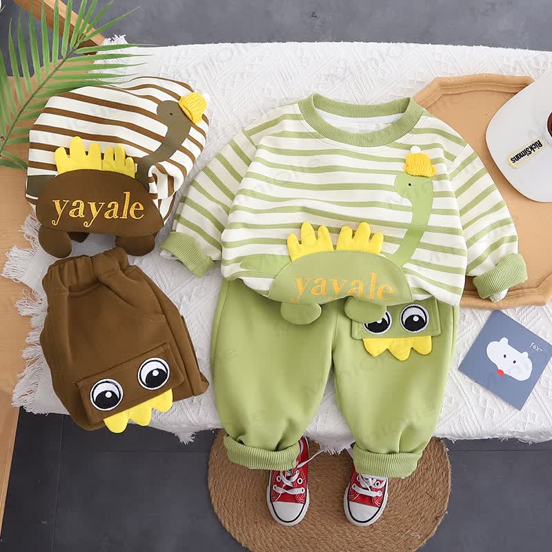 YAYALE Toddler Boy Striped Dino Applique Top and Pants 2-piece Set - image 1