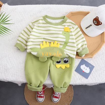 YAYALE Toddler Boy Striped Dino Applique Top and Pants 2-piece Set - Green - 4-5T - image 2