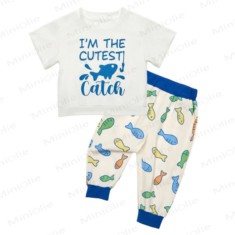 I'M THE CUTEST CATCH Toddler Baby Fish Print Short Sleeve Crew Neck Top Jogger Pants Set - White - 2-3T - image 3