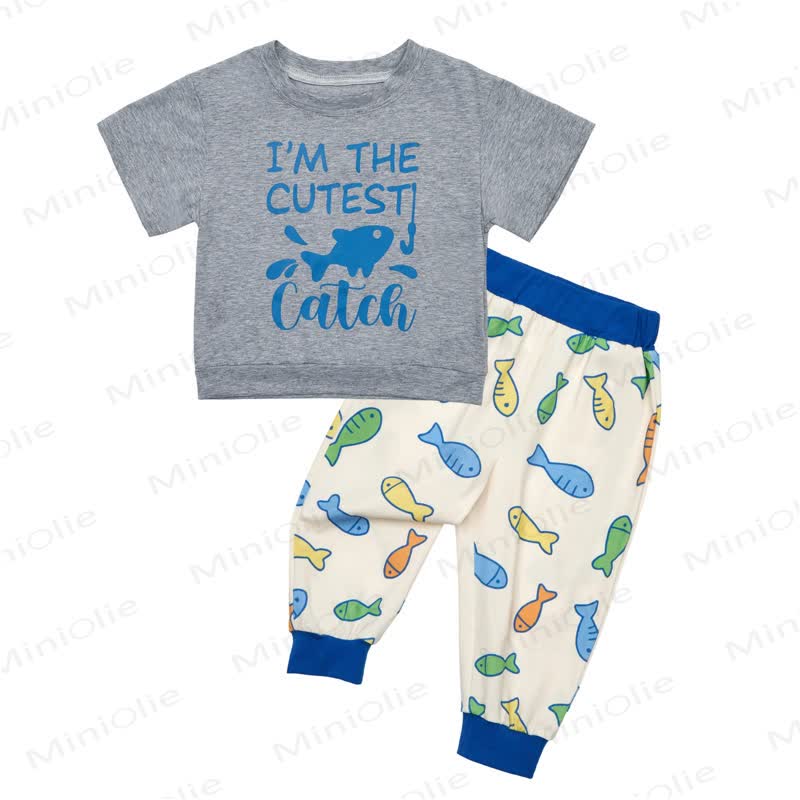 I'M THE CUTEST CATCH Toddler Baby Fish Print Short Sleeve Crew Neck Top Jogger Pants Set - Gray - 2-3T - image 5