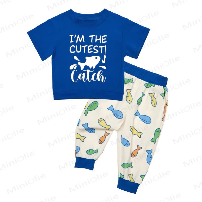 I'M THE CUTEST CATCH Toddler Baby Fish Print Short Sleeve Crew Neck Top Jogger Pants Set - Blue - 2-3T - image 1