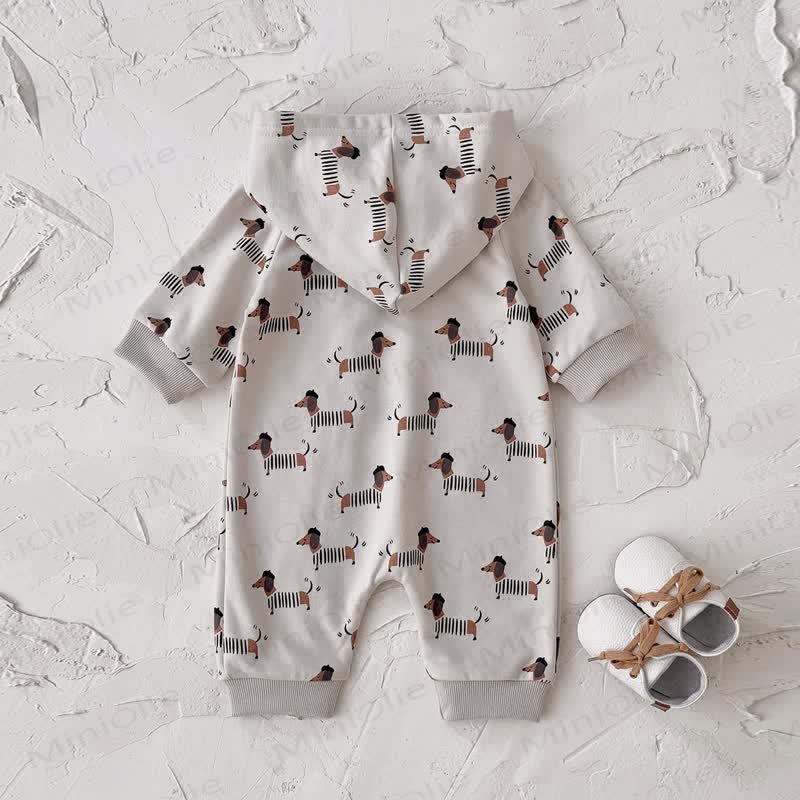 Baby Dachshund Print Hooded Cotton Zip Romper - image 2