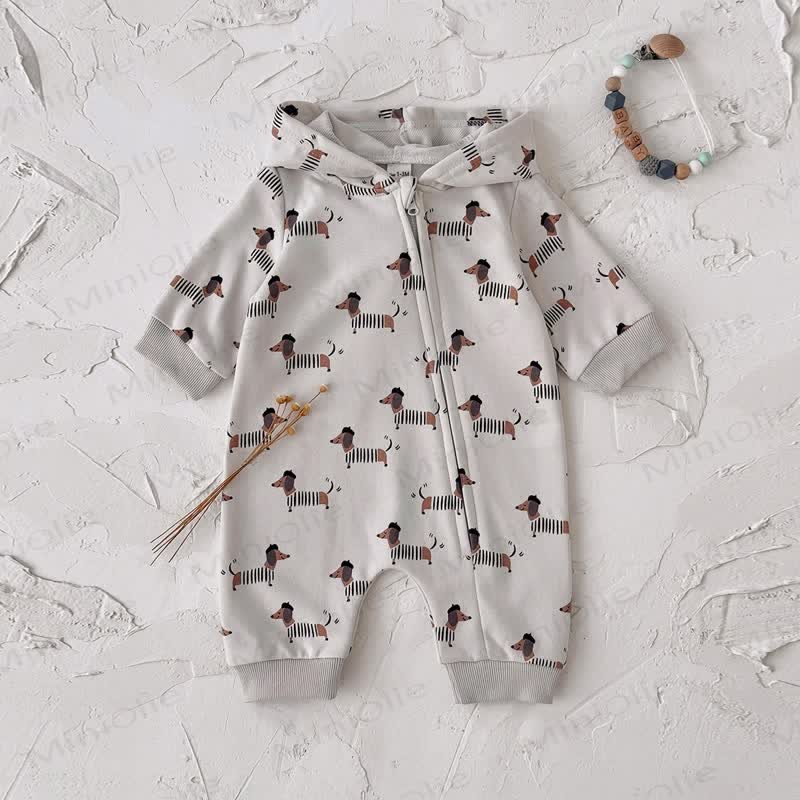 Baby Dachshund Print Hooded Cotton Zip Romper - Gray - 12-18M - image 1