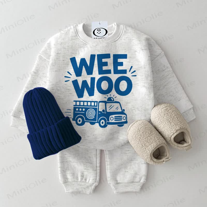 WEE WOO Baby Fire Truck Light Grey 2-piece Sweatshirt Set - Light Grey - 2-3T - image 1