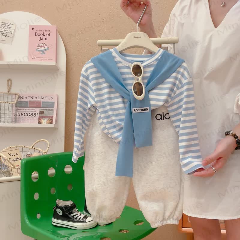 ROEPISND Toddler Stripe Long Sleeve T-Shirt with Mock Layer Shawl - Blue - 12-13T - image 2