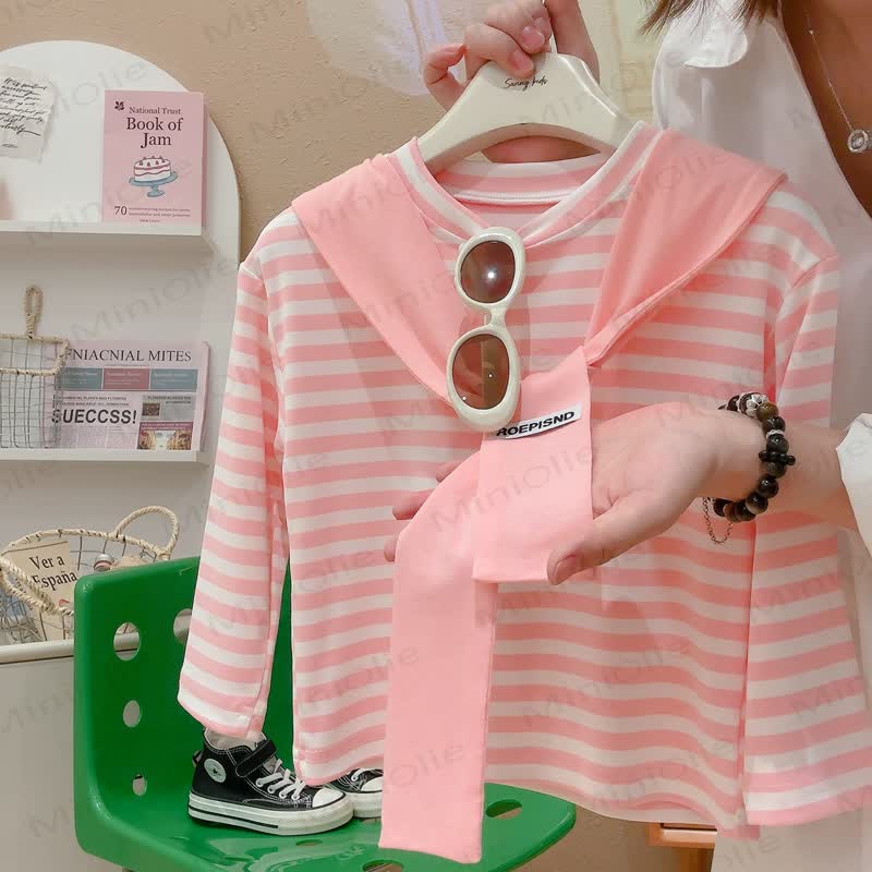 ROEPISND Toddler Stripe Long Sleeve T-Shirt with Mock Layer Shawl - image 8