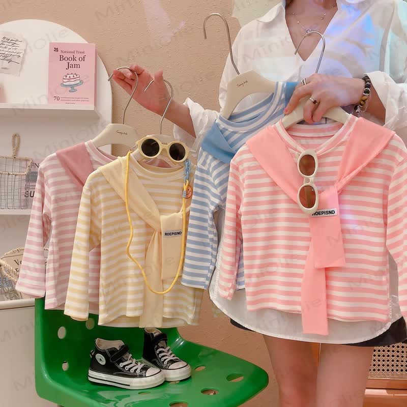 ROEPISND Toddler Stripe Long Sleeve T-Shirt with Mock Layer Shawl - image 1