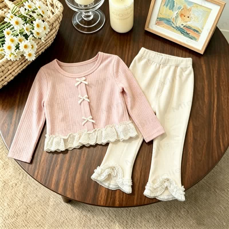 Toddler Girl Pink Bow Lace Trim Top and Beige Pants - Pink Set - 4-5T - image 1