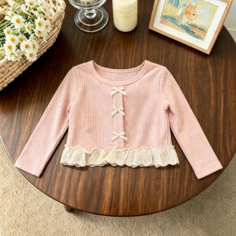 Toddler Girl Pink Bow Lace Trim Top and Beige Pants - Pink Top - 4-5T - image 2