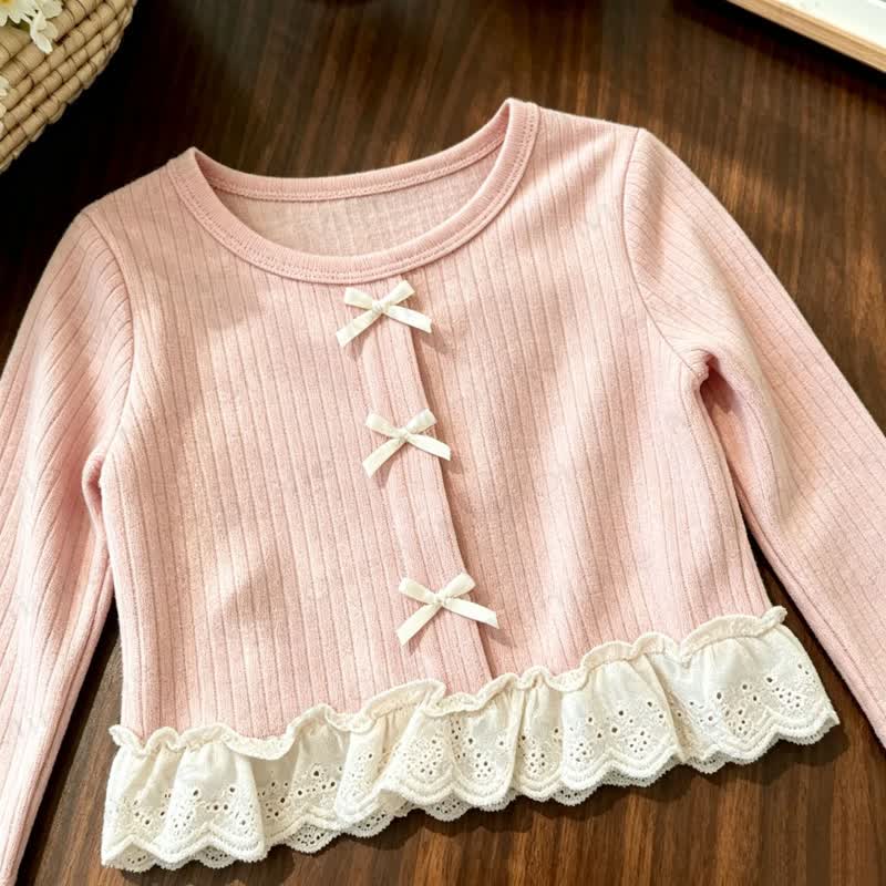 Toddler Girl Pink Bow Lace Trim Top and Beige Pants - image 5