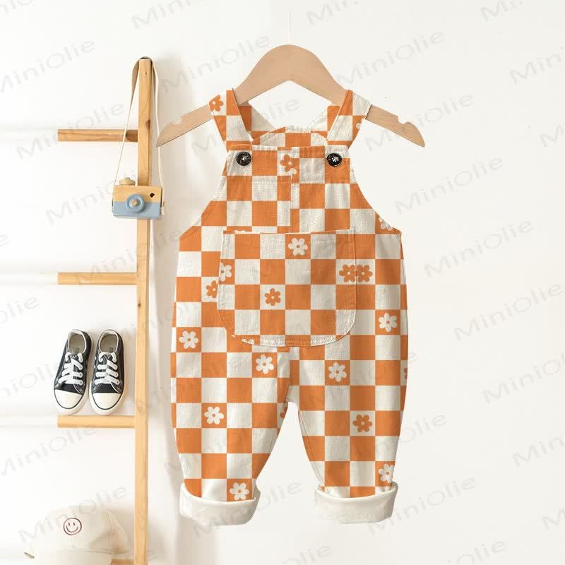 Baby Toddler Checkerboard Flower Beige Pocket Overalls - Beige - 3-5T - image 1