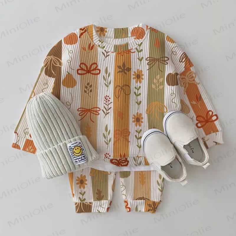 Baby Stripe Pumpkin Bow Flower Leaf Print Waffle 2-piece Set - Beige - 2-3T - image 1