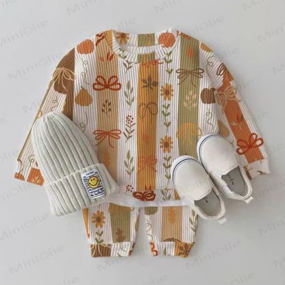 Baby Stripe Pumpkin Bow Flower Leaf Print Waffle 2-piece Set - Beige - 2-3T - image 1