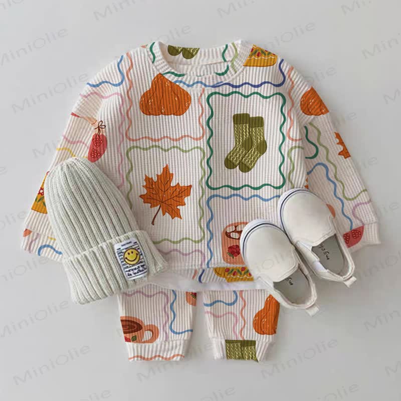 Baby Pumpkin Maple Leaf Sock Coffee Cup Print Waffle 2-piece Set - Beige - 2-3T - image 1