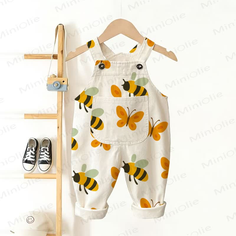 Baby Toddler Cartoon Bee Orange Butterfly Print Beige Overalls - Beige - 3-5T - image 1