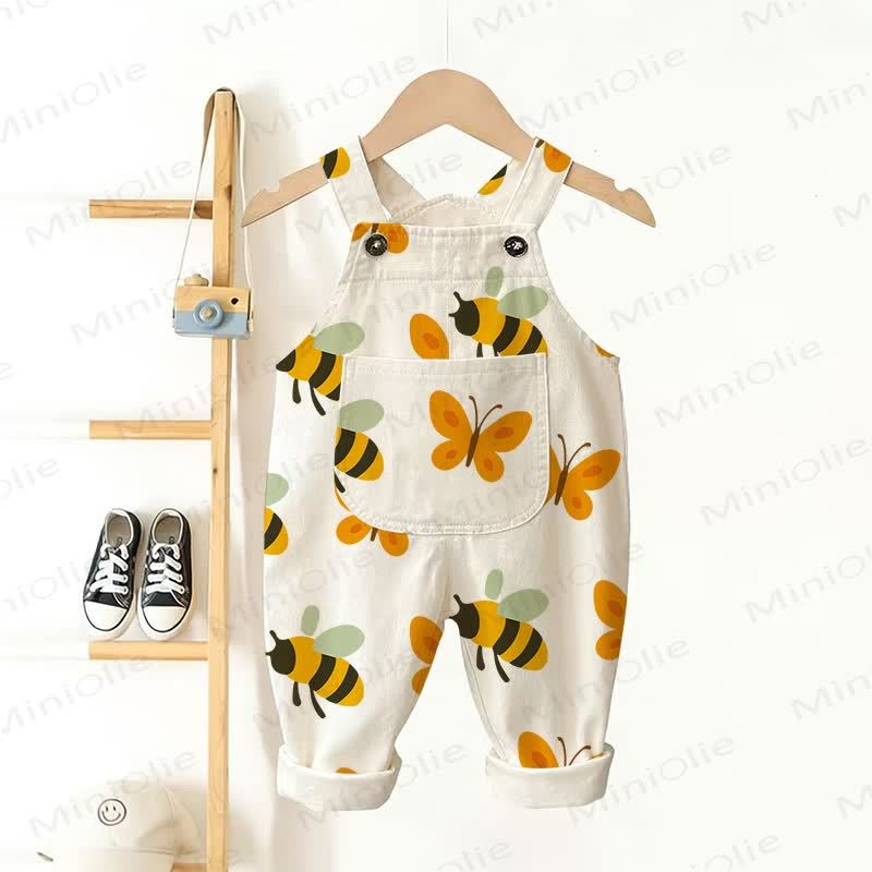 Baby Toddler Cartoon Bee Orange Butterfly Print Beige Overalls - Beige - 3-5T - image 1