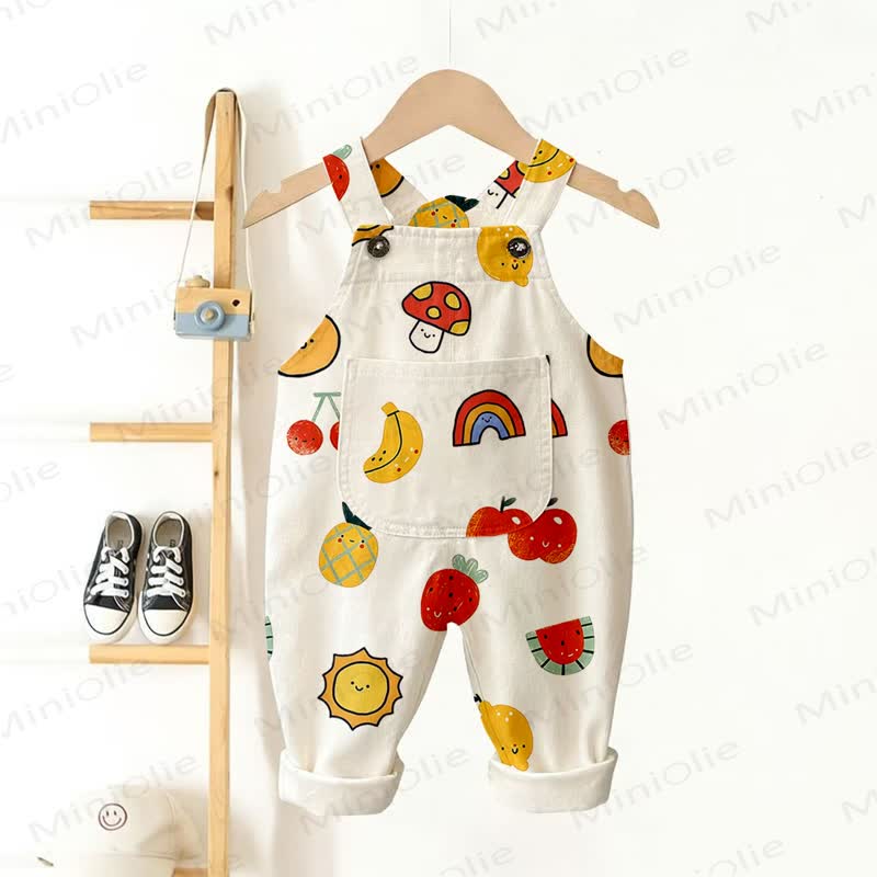 Baby Toddler Fruit Mushroom Rainbow Sun Print Beige Overalls - Beige - 3-5T - image 1