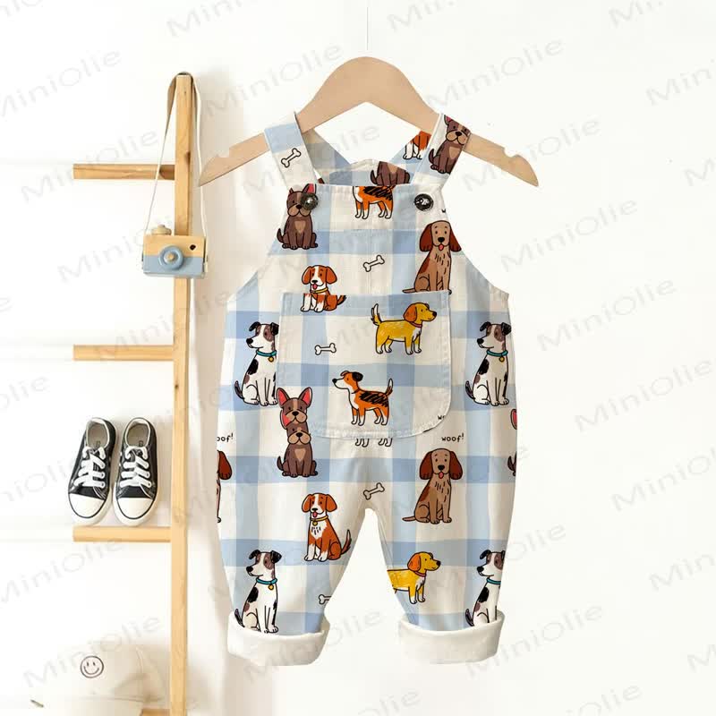 WOOF! Baby Toddler Dog Print Blue Checkered Overalls - Beige - 3-5T - image 1