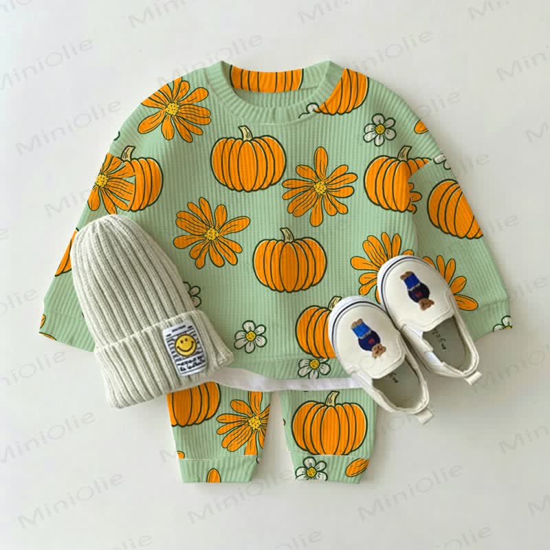 Baby Green Pumpkin Daisy Flower Print Waffle 2-piece Set - Green - 2-3T - image 1