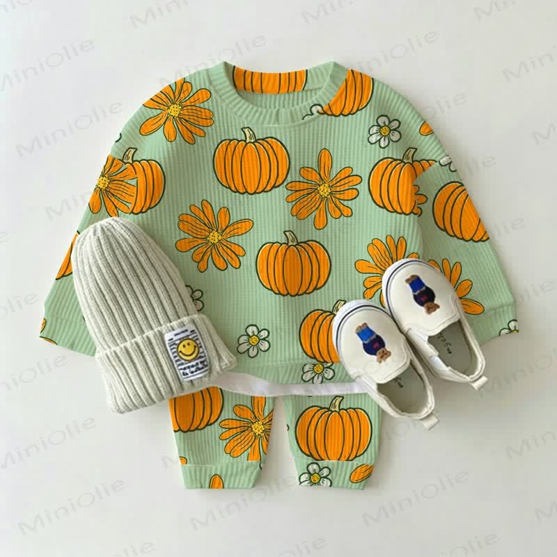 Baby Green Pumpkin Daisy Flower Print Waffle 2-piece Set - Green - 2-3T - image 1