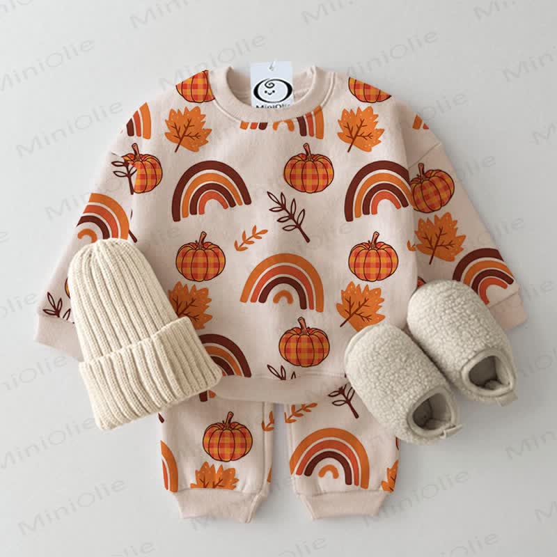 Baby Pumpkin Rainbow Maple Leaf Print 2-piece Set - Beige - 3-5T - image 1