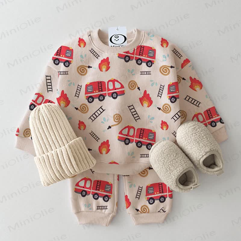 Baby Cartoon Fire Truck Flame Print 2-piece Set - Beige - 3-5T - image 1