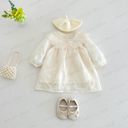Baby Girl Lace Collar Long Sleeve Dress - Beige - 4-5T - image 1