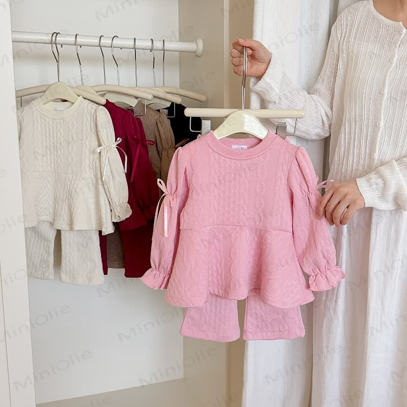 Toddler Girl Solid Color Bow Ruffle Top and Pants 2-piece Set - Pink - 8-9T - image 2