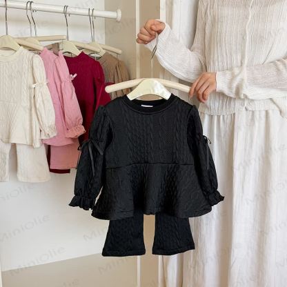 Toddler Girl Solid Color Bow Ruffle Top and Pants 2-piece Set - Black - 8-9T - image 3