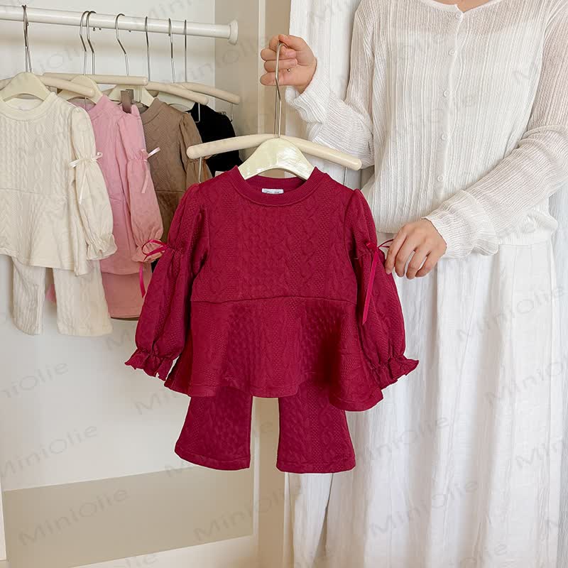 Toddler Girl Solid Color Bow Ruffle Top and Pants 2-piece Set - Red - 8-9T - image 4