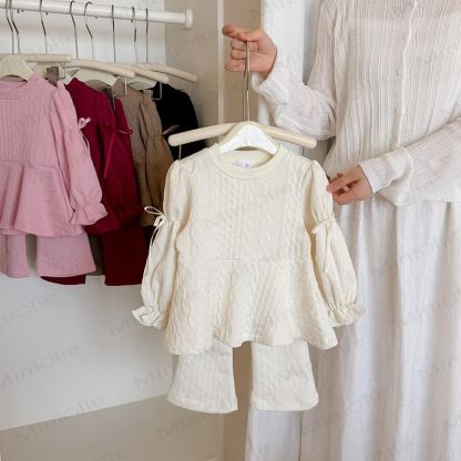 Toddler Girl Solid Color Bow Ruffle Top and Pants 2-piece Set - Beige - 8-9T - image 6