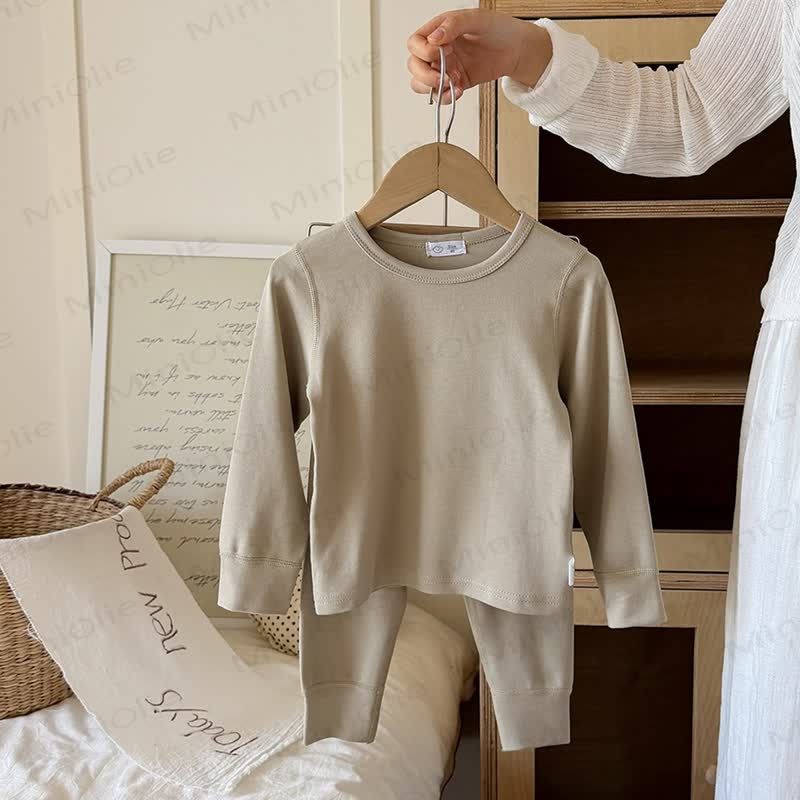 Toddler Solid Color Crew Neck Top and Pants Pajama 2-piece Set - Beige - 10-11T - image 5