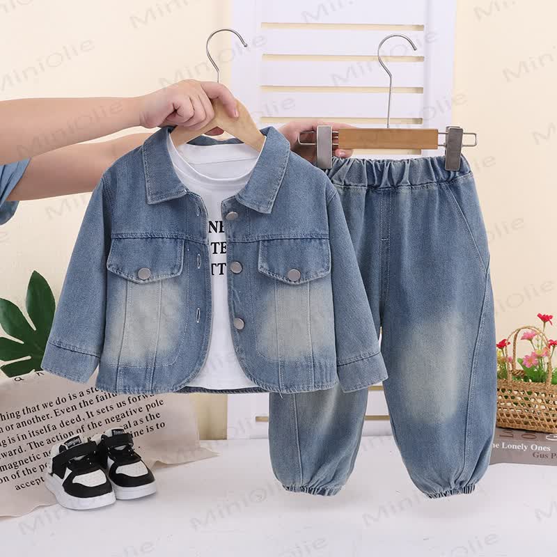 Toddler Baby Girls Denim Jacket and Jogger Pants 3-piece Set - Navy - 4-5T - image 1