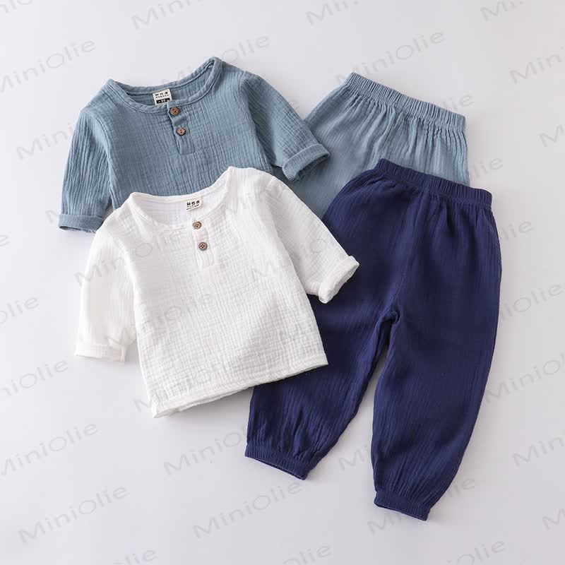 Toddler Baby Solid Color Crinkled Top and Pants 2-piece Set - image 1