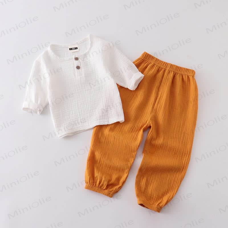 Toddler Baby Solid Color Crinkled Top and Pants 2-piece Set - White&Orange - 6-7T - image 4