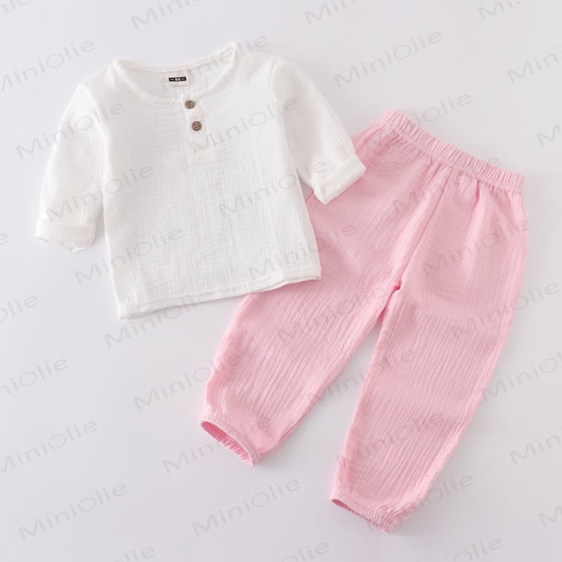 Toddler Baby Solid Color Crinkled Top and Pants 2-piece Set - White&Pink - 6-7T - image 5