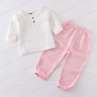 Toddler Baby Solid Color Crinkled Top and Pants 2-piece Set - White&Pink - 6-7T - image 5