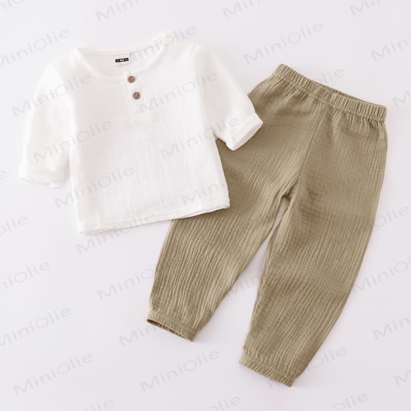 Toddler Baby Solid Color Crinkled Top and Pants 2-piece Set - White&Brown - 6-7T - image 6