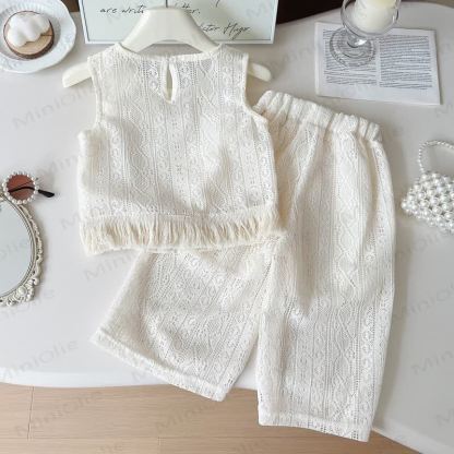 Toddler Girl White Crochet Tassel Sleeveless Top and Pants 2-piece Set - image 2