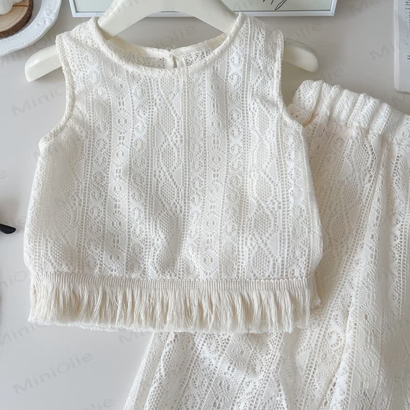 Toddler Girl White Crochet Tassel Sleeveless Top and Pants 2-piece Set - image 3