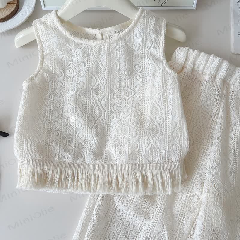 Toddler Girl White Crochet Tassel Sleeveless Top and Pants 2-piece Set - image 3