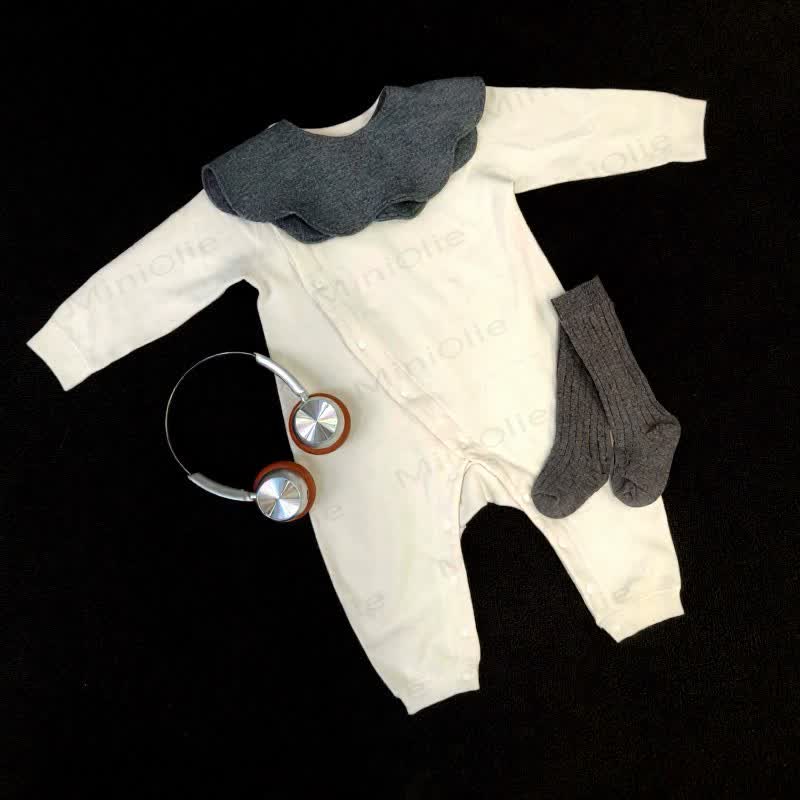 Baby Solid Color Side Snap Thickened Romper - Beige - 8-12M - image 2